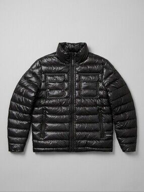 Size Large Men's High Shine Black Genuine Down Filled Puffer Coat Jacket Snover